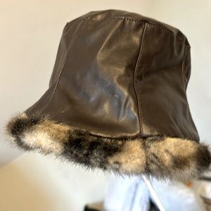 Vegan leather faux fur trimmed bucket hat